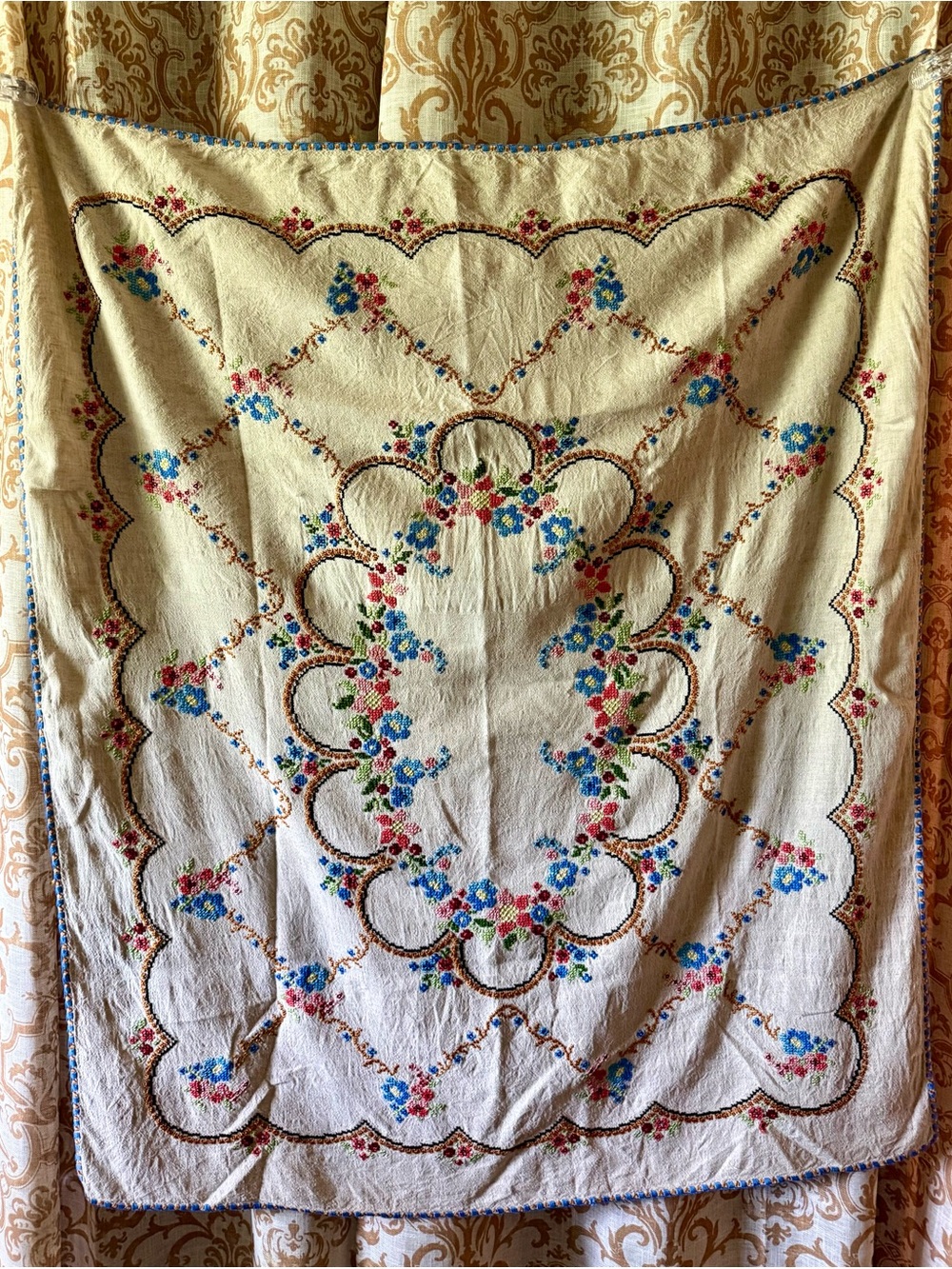 Vintage Floral Embroidered Tablecloth in Cream with Blue & Pink Flowers
